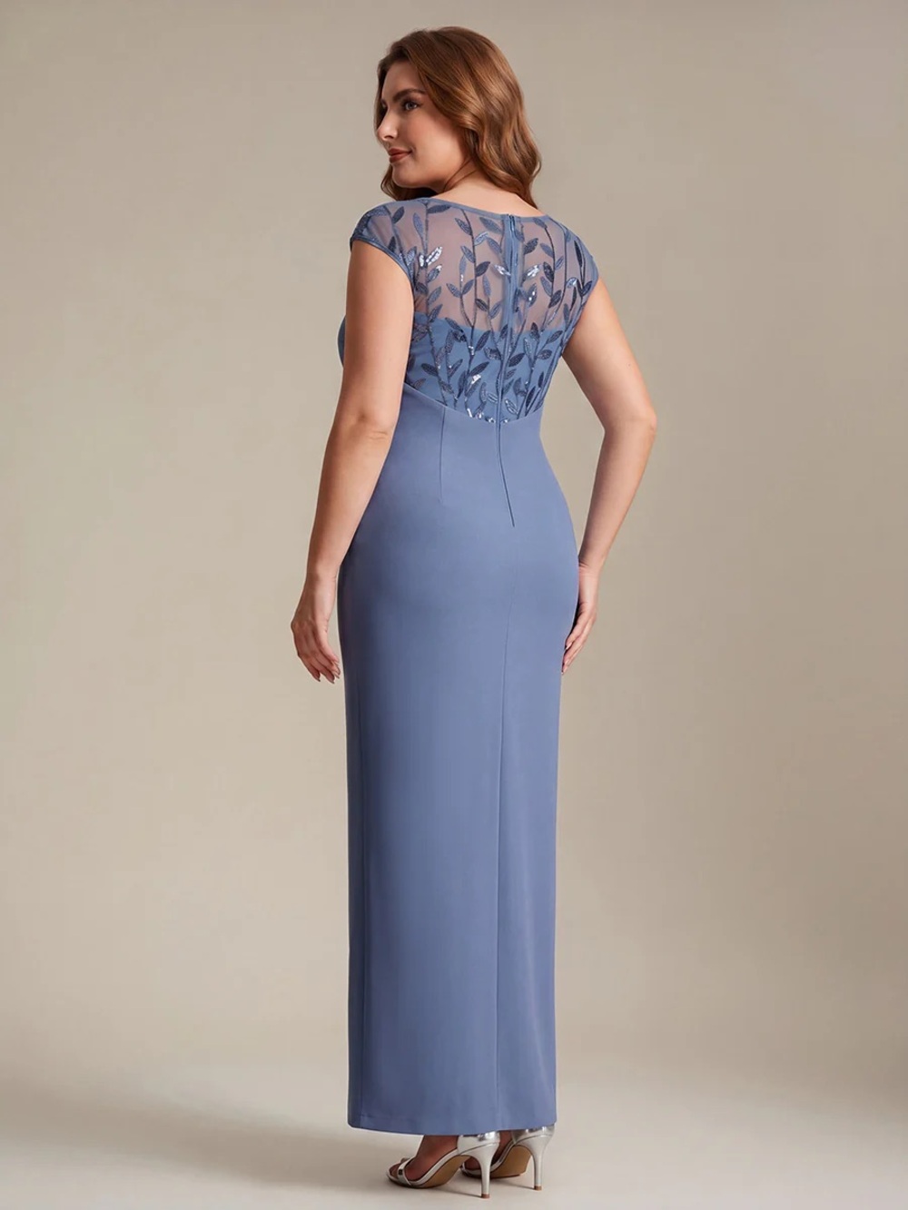 Elegant Slate Blue Evening Gown with Embellished Illusion Bodice - Picture 2 of 3
